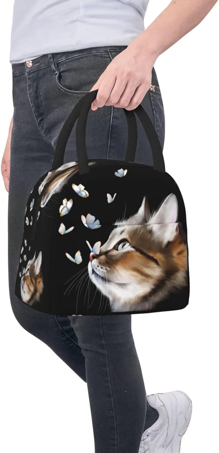 Cat and Butterflies Cat and Butterflies Lunch Bag Box Meal Prep Insulated Handbag Reusable Lunch Container for School Office Work