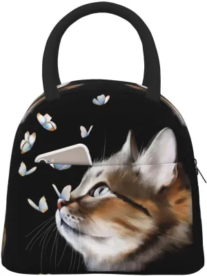 Cat and Butterflies Cat and Butterflies Lunch Bag Box Meal Prep Insulated Handbag Reusable Lunch Container for School Office Work