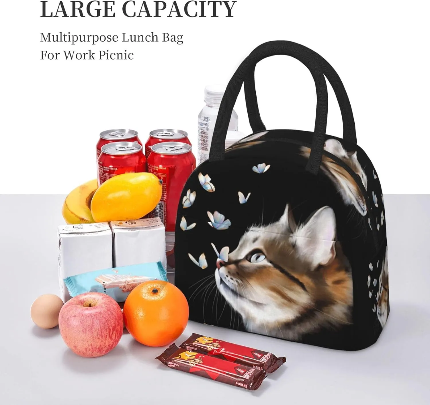 Cat and Butterflies Cat and Butterflies Lunch Bag Box Meal Prep Insulated Handbag Reusable Lunch Container for School Office Work