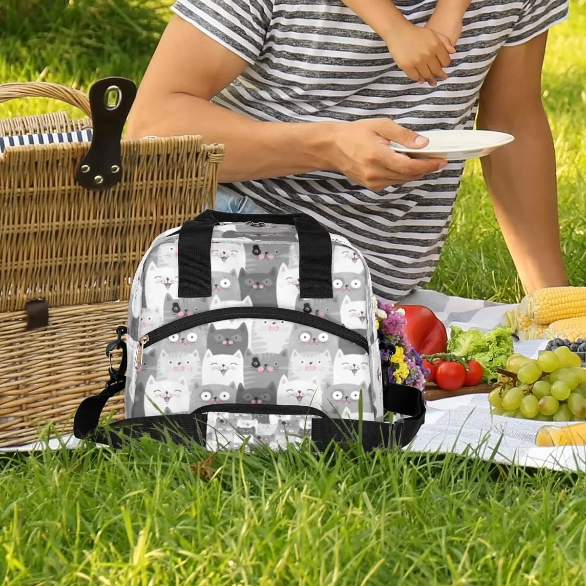 Cat Lunch Bag for Women Men Insulated Reusable Lunch Box with Adjustable Shoulder Strap Cooler Tote Bag for School Work Picnic Beach Hiking