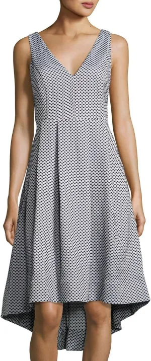 Catherine Malandrino Women's V-Neck High-Low Midi Dress, White/Blue, 8