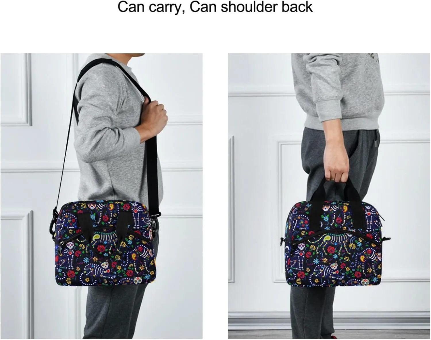 Cats and Sugar Skull Insulated Lunch Bag Reusable Lunch Tote Bag Cooler Bag for Women Men Adult Lunch Box with Adjustable Shoulder Strap Leakproof Lunch Bag for Work School Picnic Camping