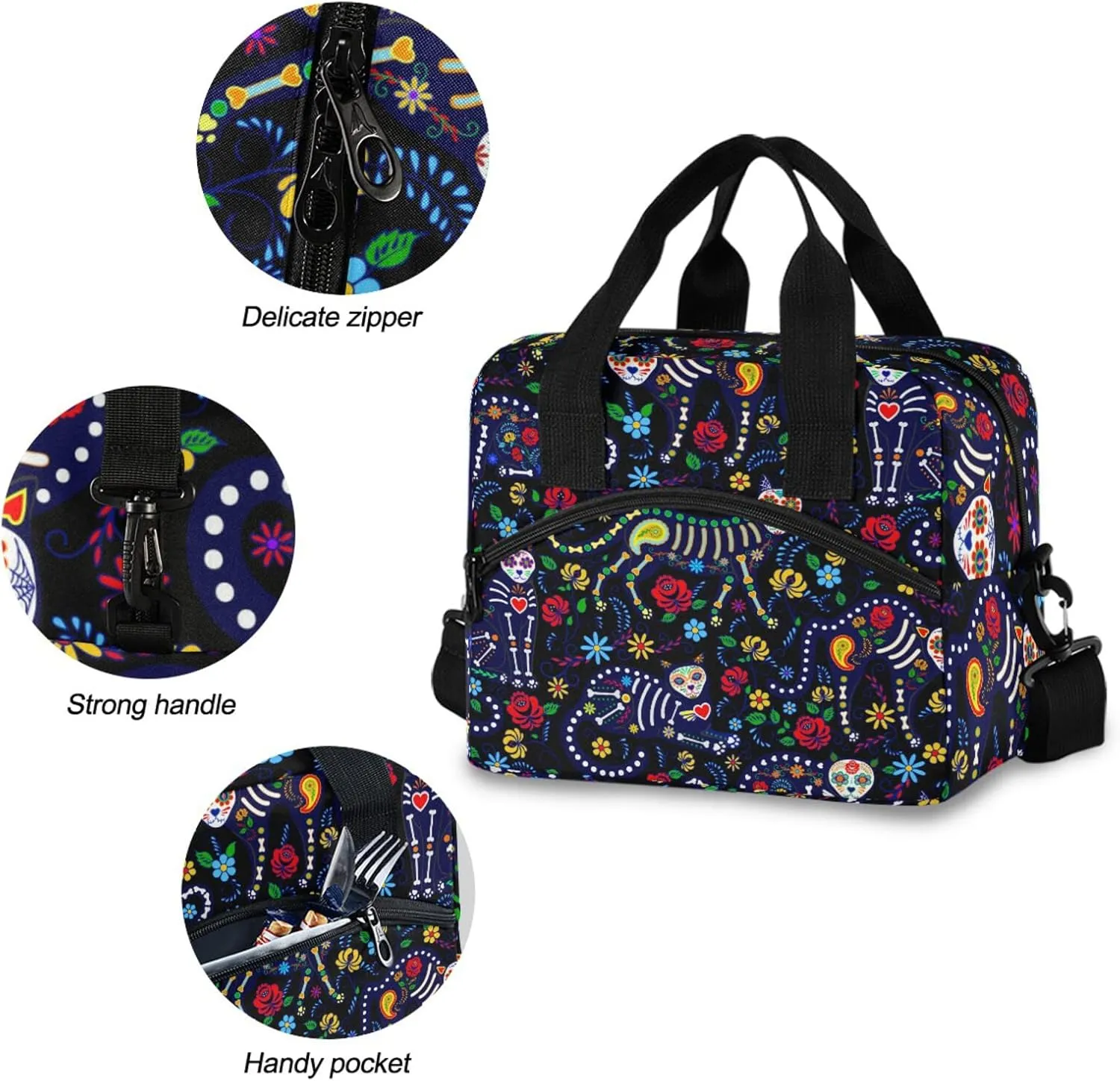 Cats and Sugar Skull Insulated Lunch Bag Reusable Lunch Tote Bag Cooler Bag for Women Men Adult Lunch Box with Adjustable Shoulder Strap Leakproof Lunch Bag for Work School Picnic Camping