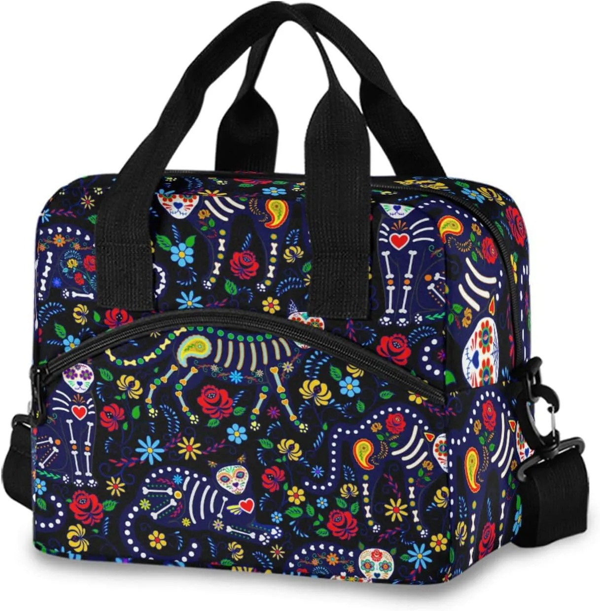 Cats and Sugar Skull Insulated Lunch Bag Reusable Lunch Tote Bag Cooler Bag for Women Men Adult Lunch Box with Adjustable Shoulder Strap Leakproof Lunch Bag for Work School Picnic Camping