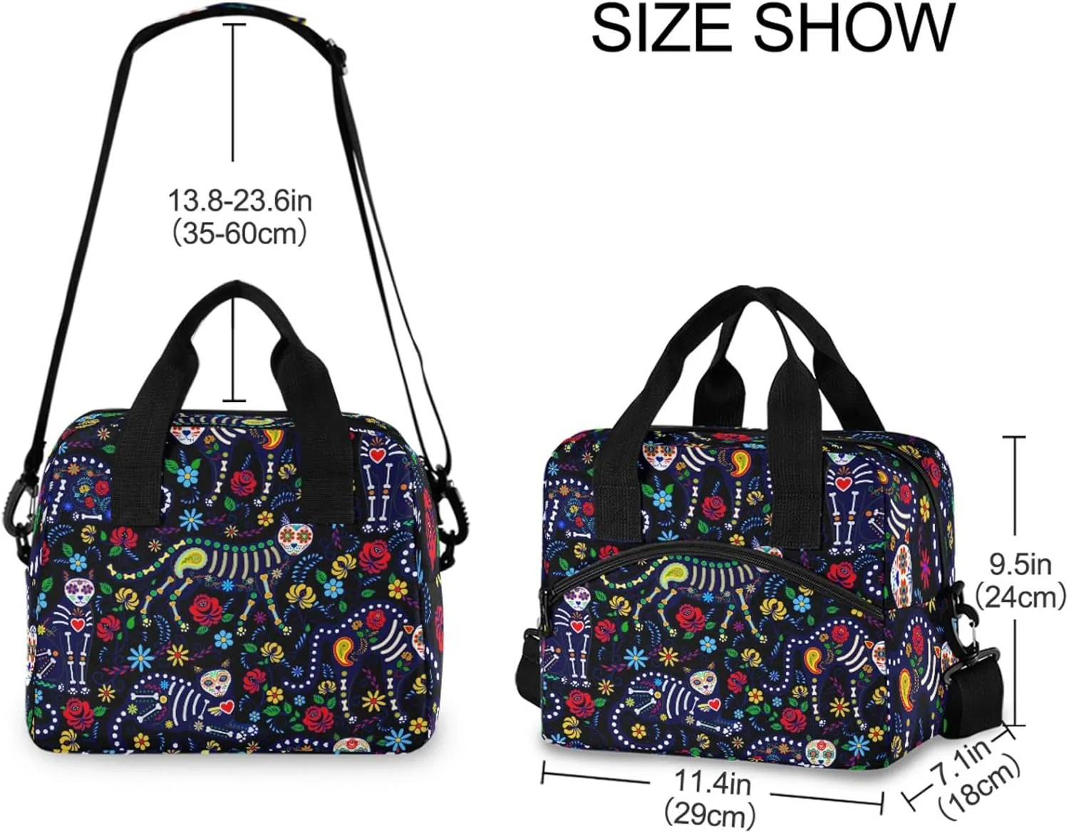 Cats and Sugar Skull Insulated Lunch Bag Reusable Lunch Tote Bag Cooler Bag for Women Men Adult Lunch Box with Adjustable Shoulder Strap Leakproof Lunch Bag for Work School Picnic Camping