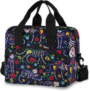 Cats and Sugar Skull Insulated Lunch Bag Reusable Lunch Tote Bag Cooler Bag for Women Men Adult Lunch Box with Adjustable Shoulder Strap Leakproof Lunch Bag for Work School Picnic Camping
