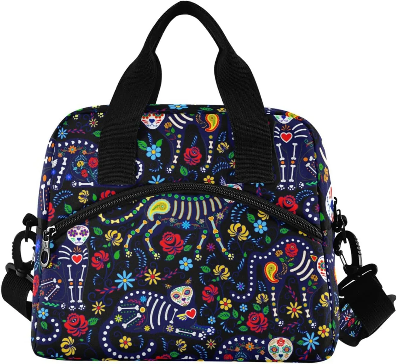 Cats and Sugar Skull Insulated Lunch Bag Reusable Lunch Tote Bag Cooler Bag for Women Men Adult Lunch Box with Adjustable Shoulder Strap Leakproof Lunch Bag for Work School Picnic Camping
