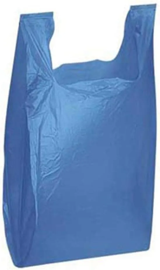 Charm Your Prince 100 Blue Disposable Plastic T-Shirt Shopping Gift Bags with Handles - Small - 8" x 5" x 16"