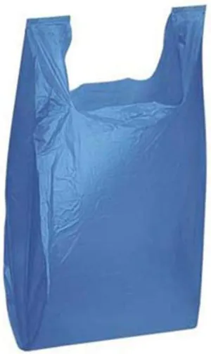 Charm Your Prince 100 Blue Disposable Plastic T-Shirt Shopping Gift Bags with Handles - Small - 8" x 5" x 16"