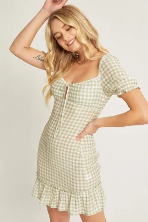 Checker Printed Front Tie Gingham Ruffle Dress