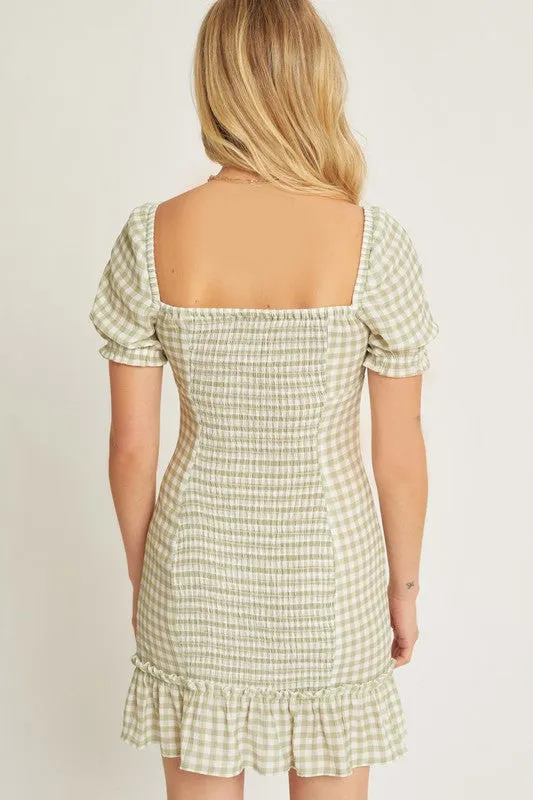 Checker Printed Front Tie Gingham Ruffle Dress