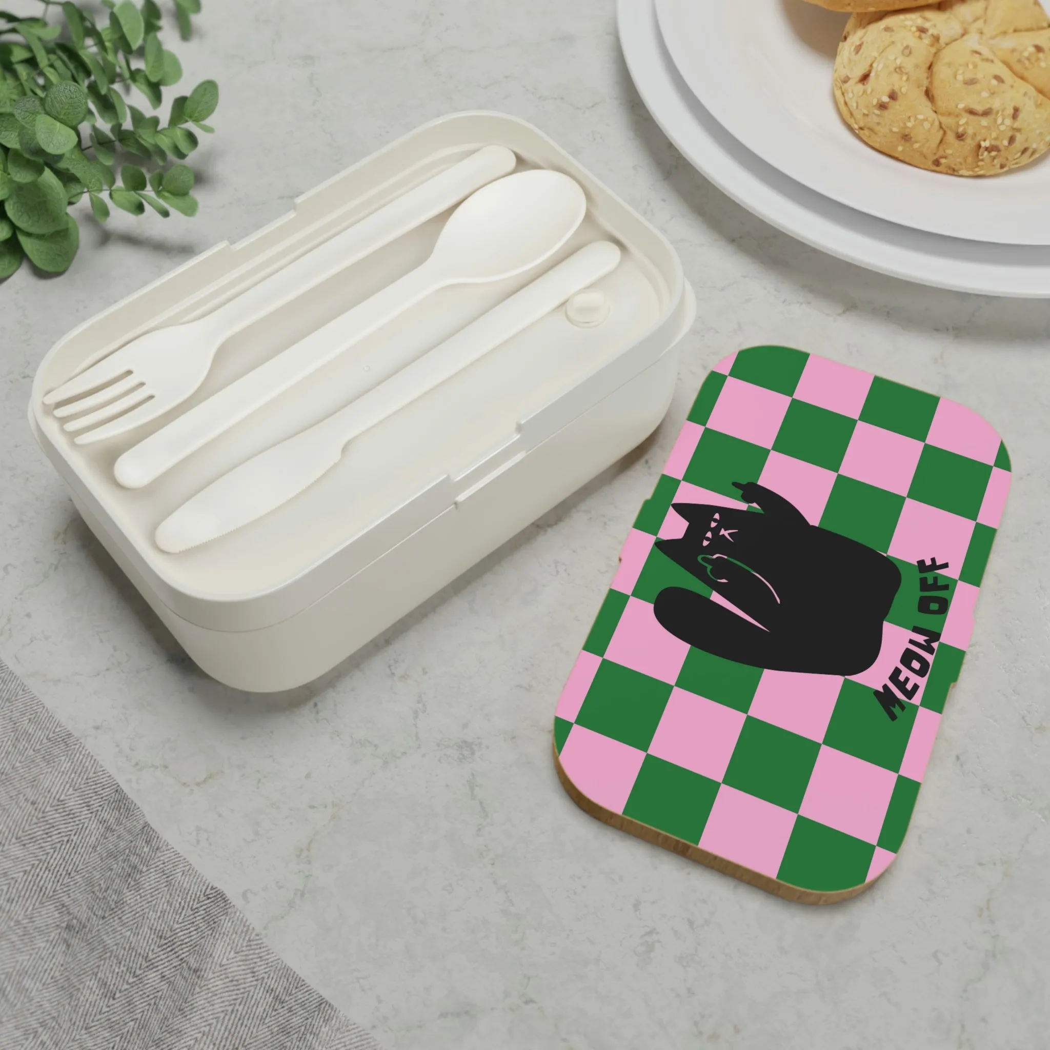 Checkered Funny Cat Bento Lunch Box