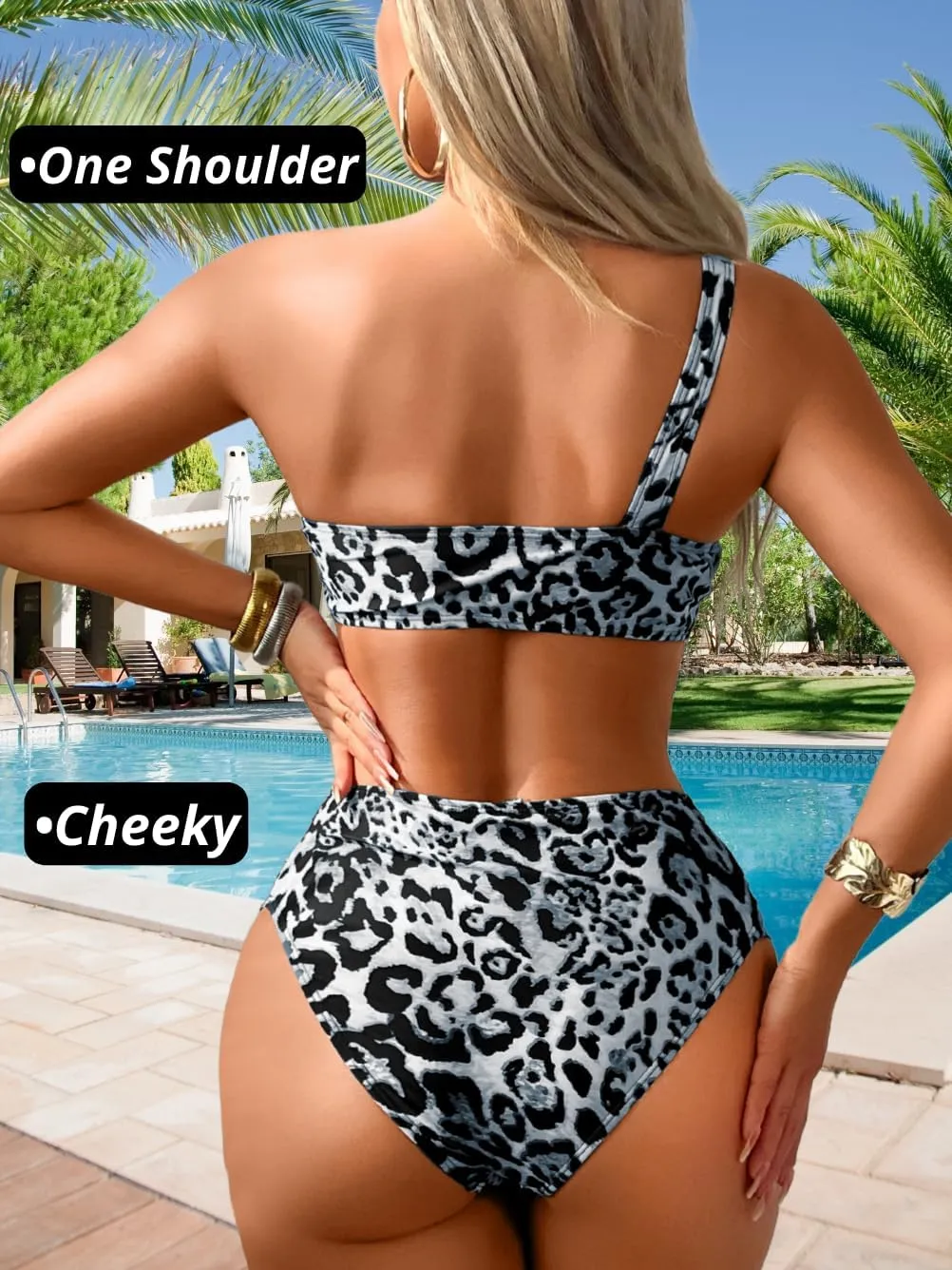 Cheetah Print Bikini Sets, One Shoulder Cut Out, Two Piece Cheeky Swimsuits High Leg Cut Bathing Suit for Women