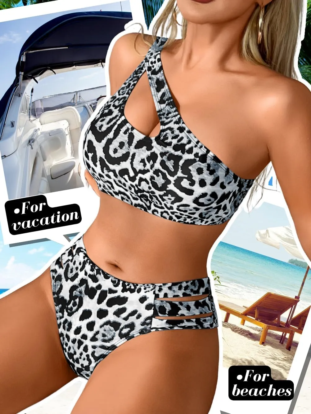 Cheetah Print Bikini Sets, One Shoulder Cut Out, Two Piece Cheeky Swimsuits High Leg Cut Bathing Suit for Women