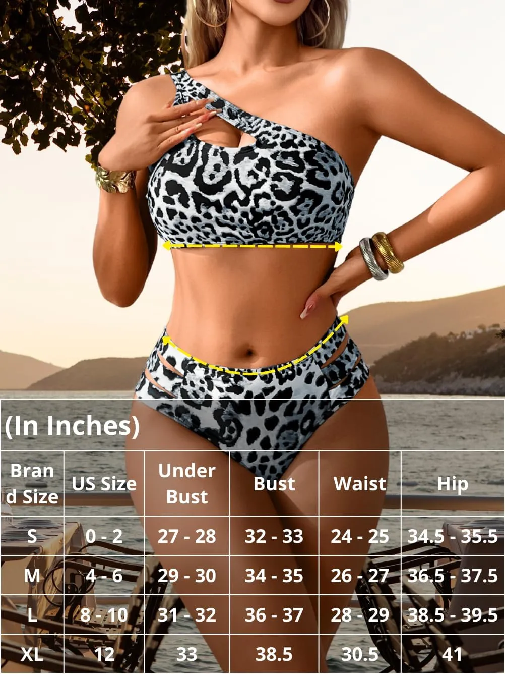 Cheetah Print Bikini Sets, One Shoulder Cut Out, Two Piece Cheeky Swimsuits High Leg Cut Bathing Suit for Women