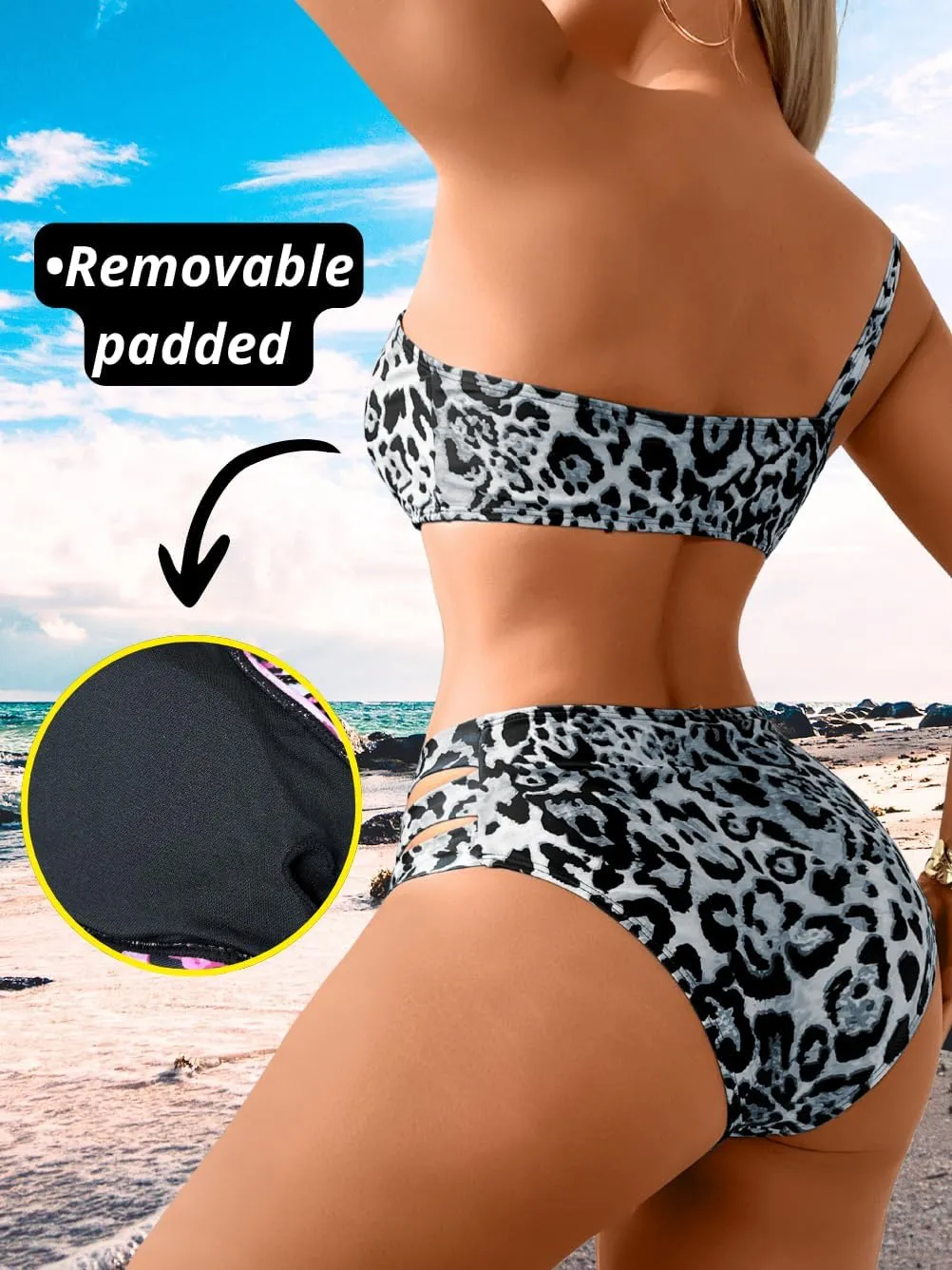 Cheetah Print Bikini Sets, One Shoulder Cut Out, Two Piece Cheeky Swimsuits High Leg Cut Bathing Suit for Women