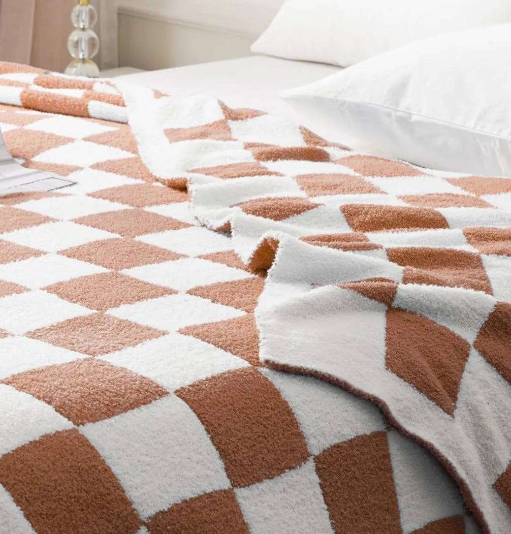 Chenille Caramel and White Checkered Throw Blanket, Ultra Soft Milky Cozy Fuzzy Knitted Throw with Classic Checkerboard Grid Pattern, Suitable for Couch,Sofa,Chair,Bed,Picnic, Camel, 50x60