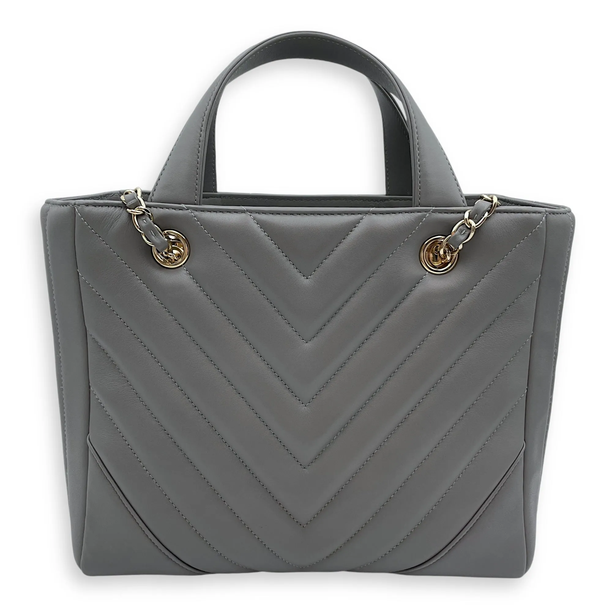 Chevron Print Seasonal Tote 25x21x9cm Grey Shoulder Bag in Lambskin, Gold hardware
