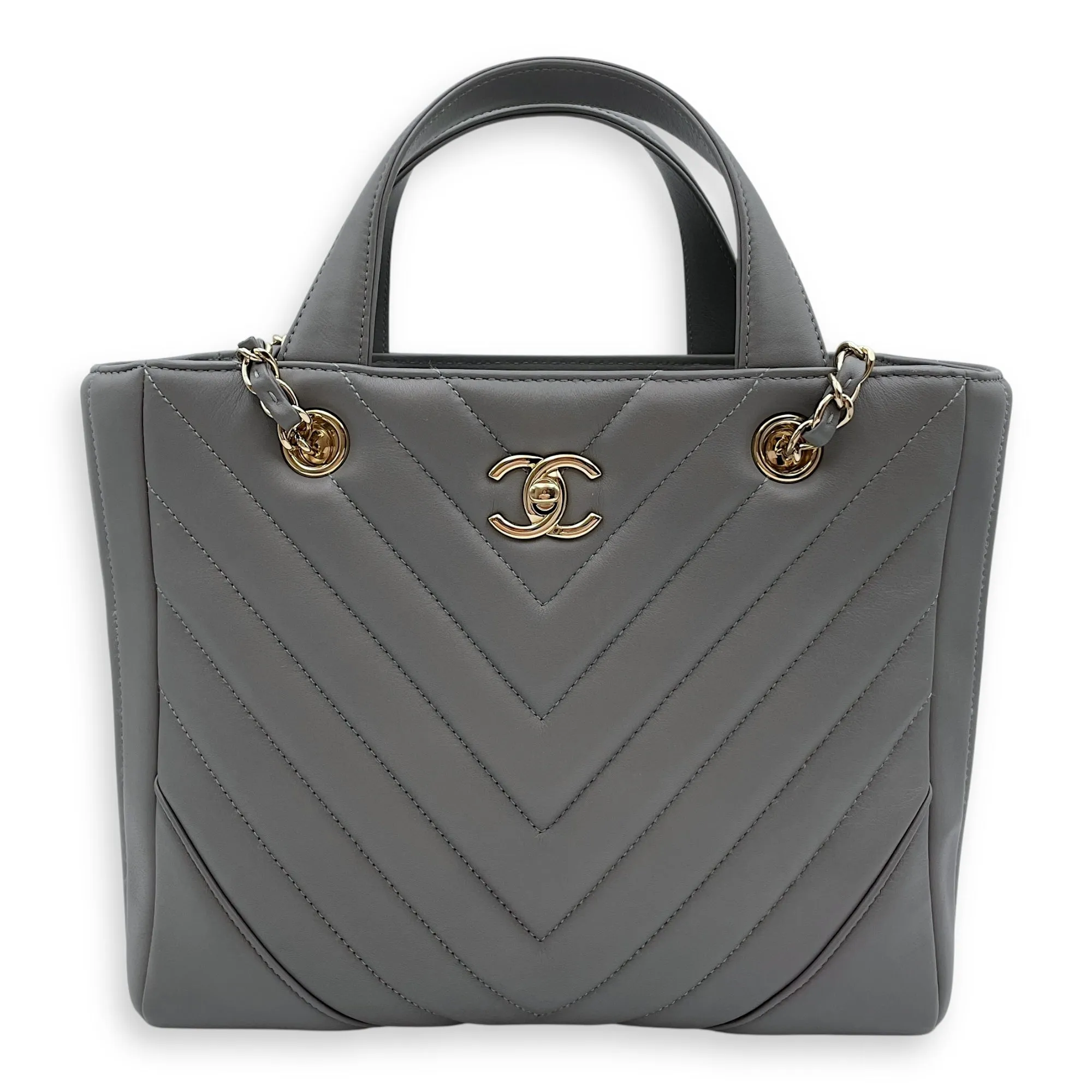 Chevron Print Seasonal Tote 25x21x9cm Grey Shoulder Bag in Lambskin, Gold hardware