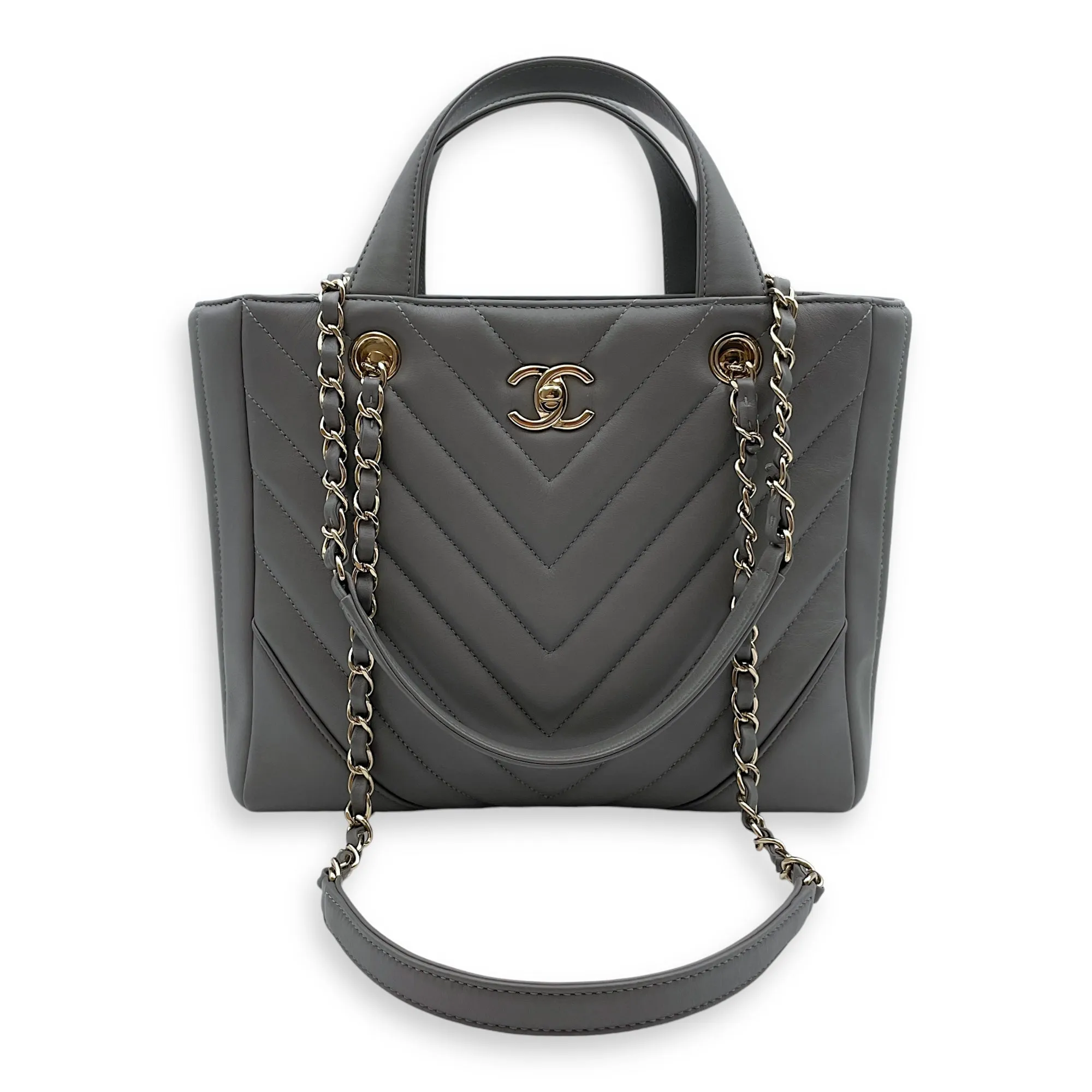 Chevron Print Seasonal Tote 25x21x9cm Grey Shoulder Bag in Lambskin, Gold hardware