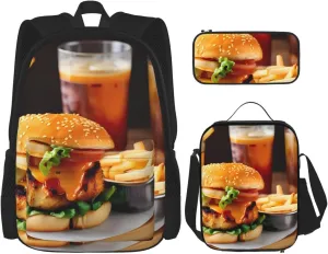 Chicken leg burger drink print Pocket shoulder bag set (with travel bag, lunch box and pencil case)