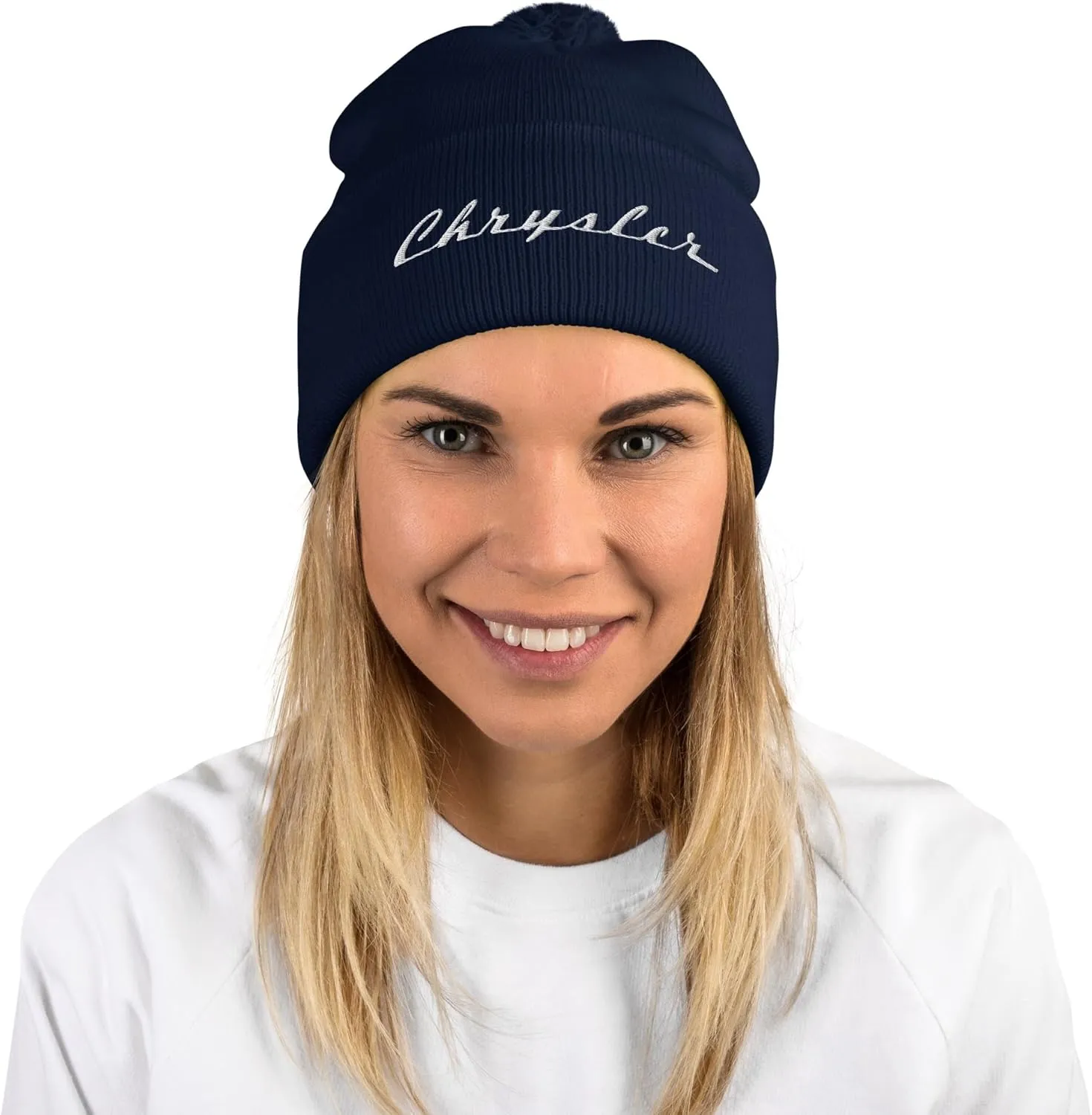 Chrysler Script Logo Pom Pom Knit Beanie Hat