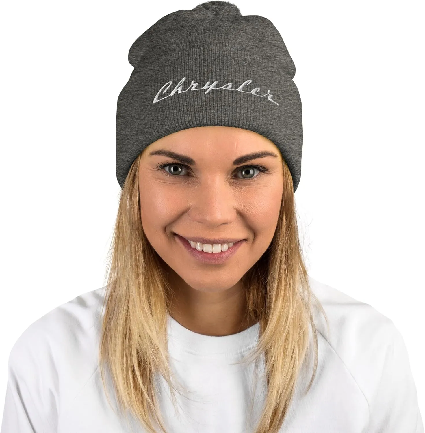 Chrysler Script Logo Pom Pom Knit Beanie Hat