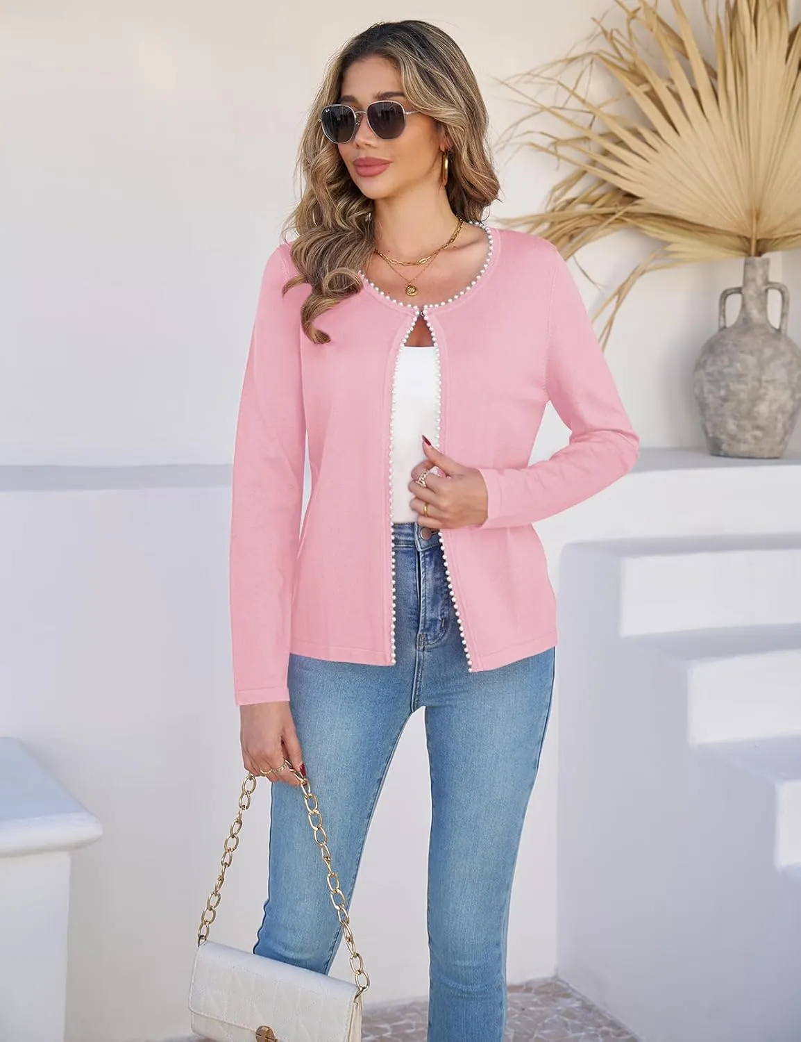CiCiBird Women Lightweight Open Front Sweater Cardigan Pearls Trim Knit Jacket Trendy Long Sleeve Clothes Coatigan