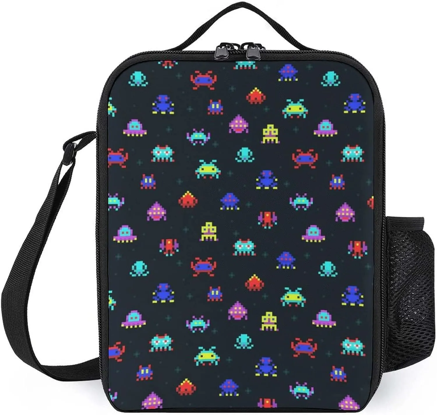Classic Games Space Invaders Pattern Reusable Insulated Lunch Bag Adjustable Waterproof Tote Thermal Meal Box for Work Picnic Travel Office