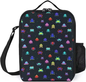 Classic Games Space Invaders Pattern Reusable Insulated Lunch Bag Adjustable Waterproof Tote Thermal Meal Box for Work Picnic Travel Office