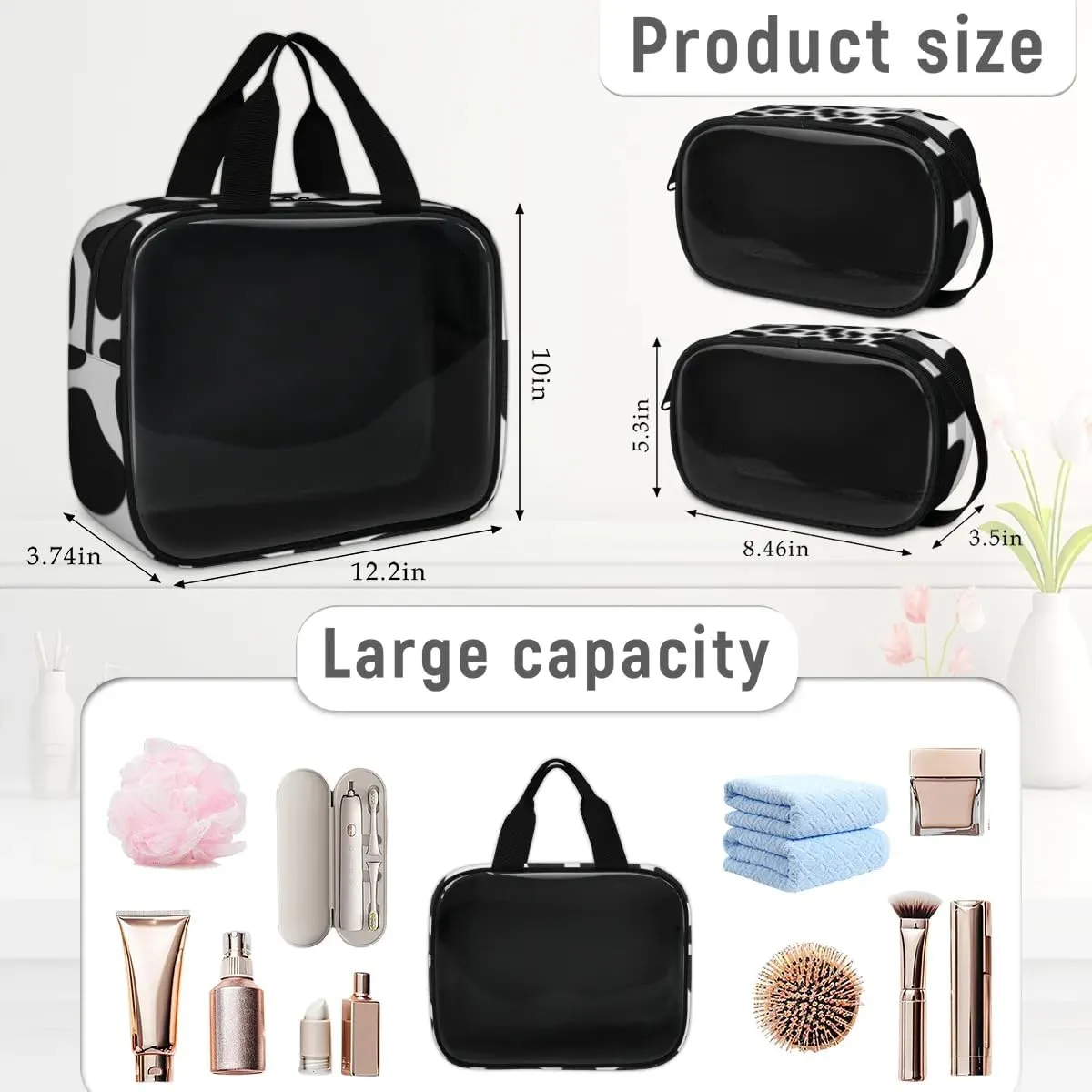 Clear Makeup Bag for Women Men, 3Pcs Transparent Cosmetic Bags Waterpoof Toiletries Set Portable Toiletry Bags with Zipper for Travel Bathroom(Cow)