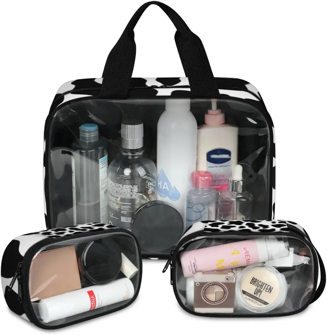 Clear Makeup Bag for Women Men, 3Pcs Transparent Cosmetic Bags Waterpoof Toiletries Set Portable Toiletry Bags with Zipper for Travel Bathroom(Cow)