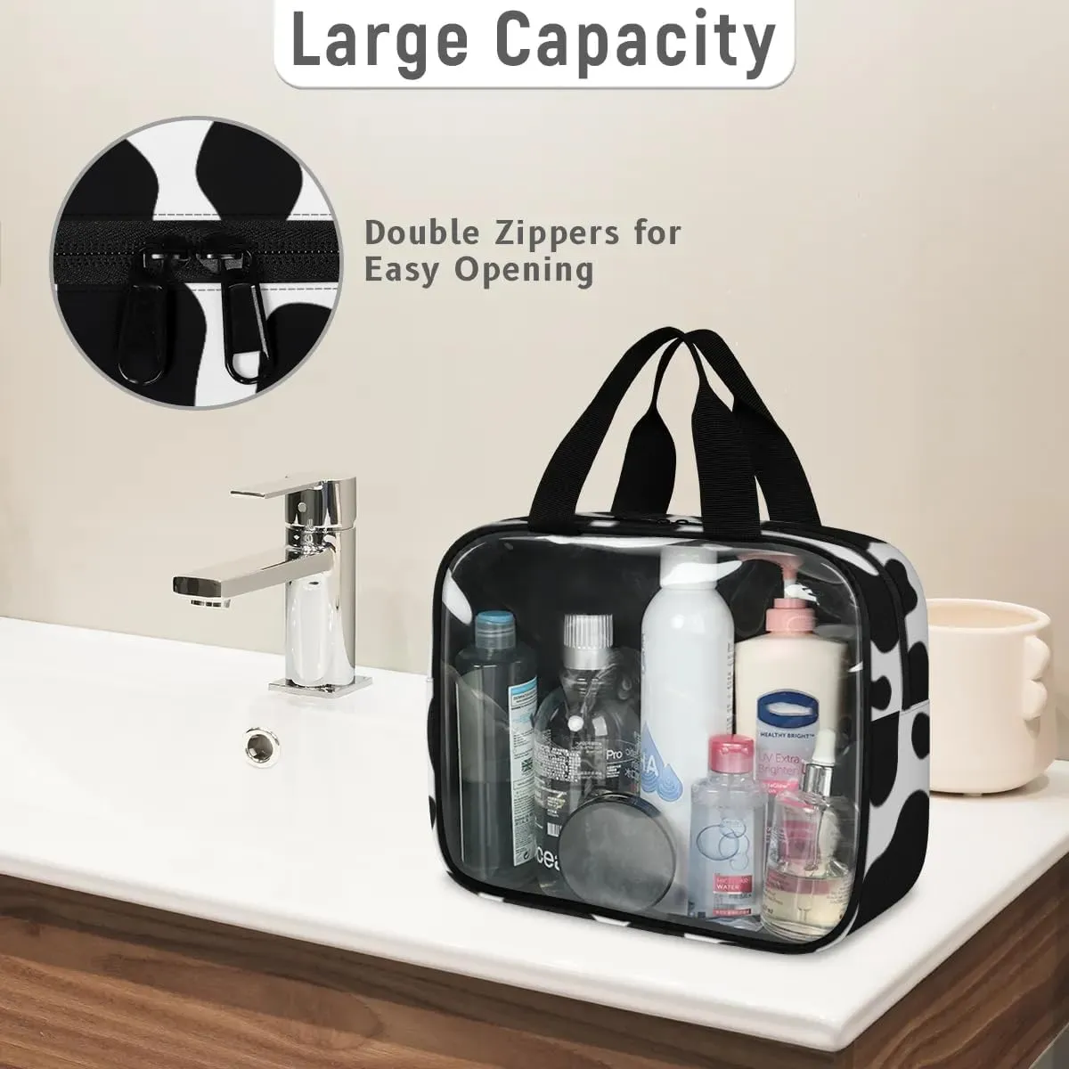 Clear Makeup Bag for Women Men, 3Pcs Transparent Cosmetic Bags Waterpoof Toiletries Set Portable Toiletry Bags with Zipper for Travel Bathroom(Cow)