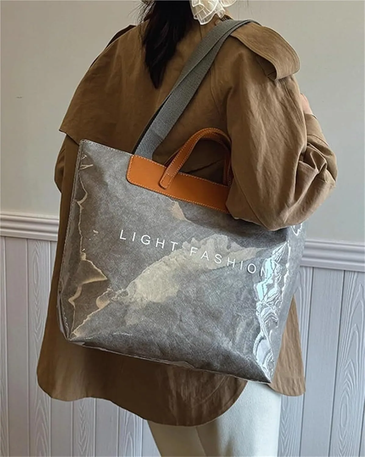Clear PVC Tote Bag for Women Letters Print Large Plastic Shoulder Bags Handbags for Work Travel