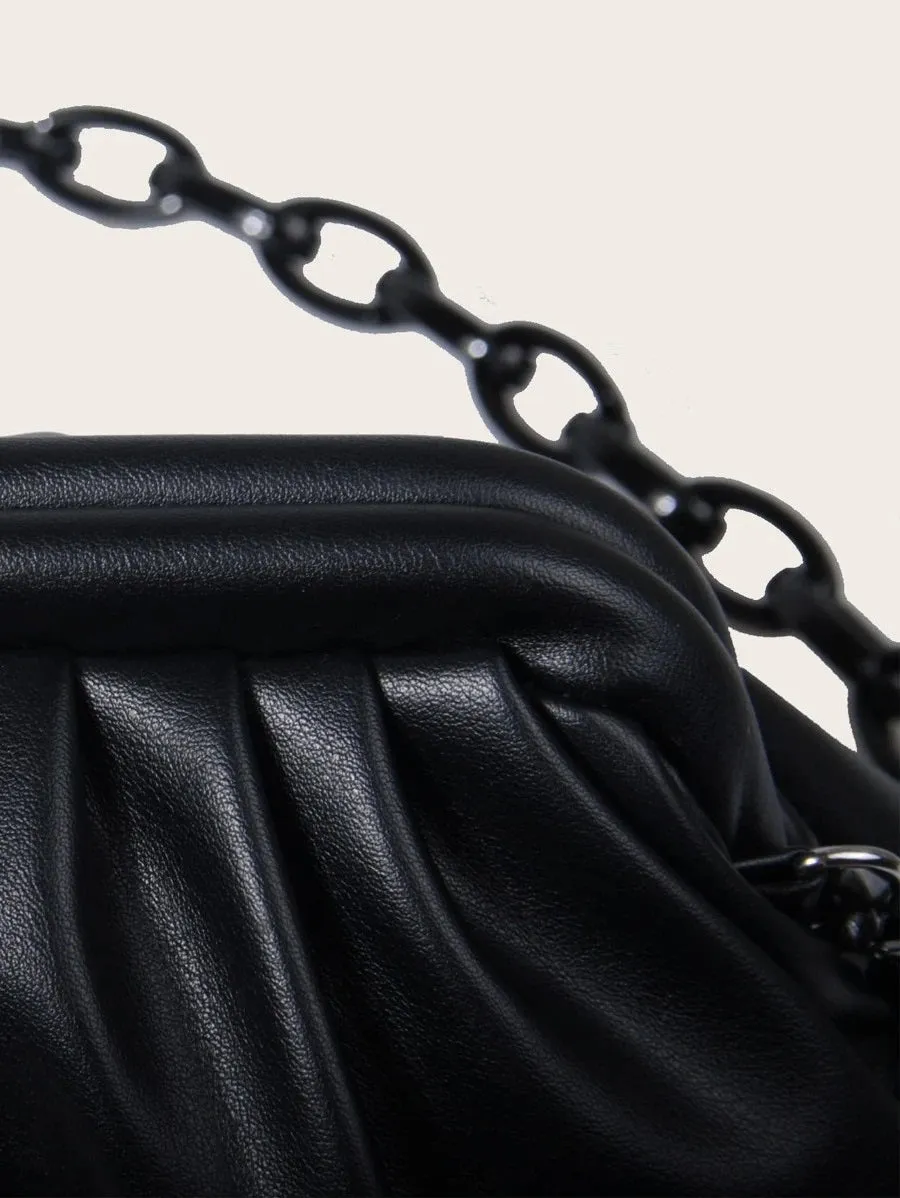 CM-BGS717554 Women Trendy Seoul Style Chain Ruched Bag - Black