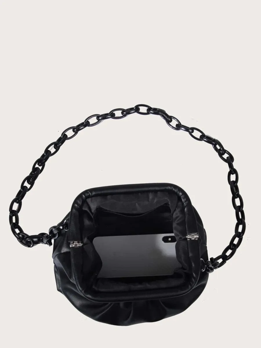 CM-BGS717554 Women Trendy Seoul Style Chain Ruched Bag - Black