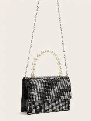 CM-BGS731057 Women Elegant Rhinestone Decor Clutch Bag With Faux Pearl Handle - Black