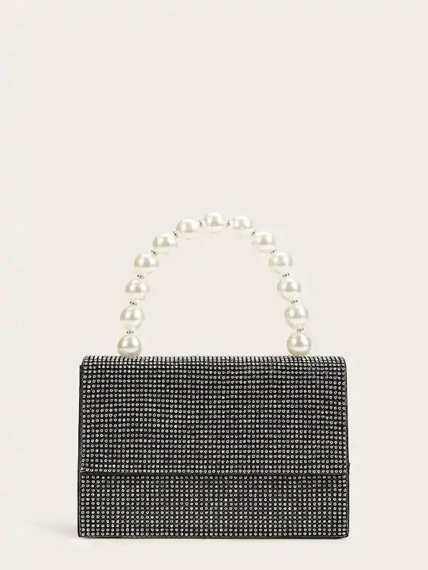 CM-BGS731057 Women Elegant Rhinestone Decor Clutch Bag With Faux Pearl Handle - Black
