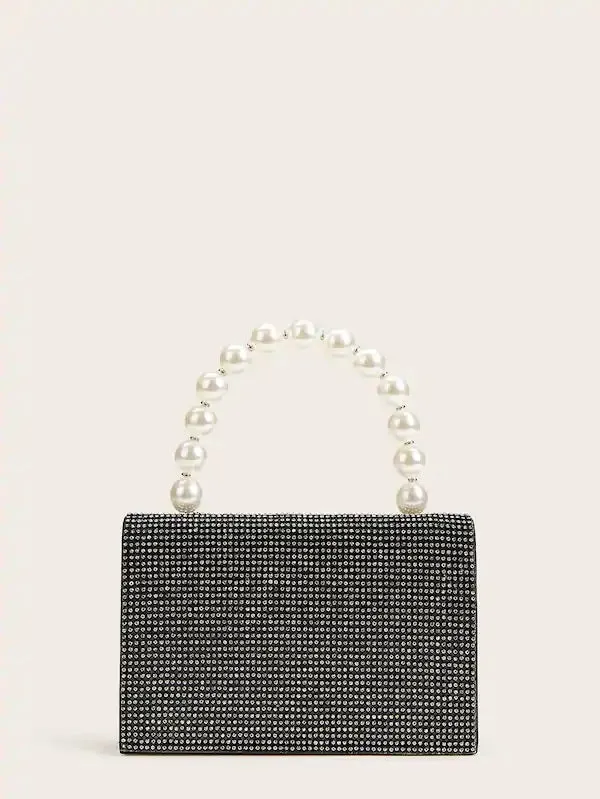 CM-BGS731057 Women Elegant Rhinestone Decor Clutch Bag With Faux Pearl Handle - Black