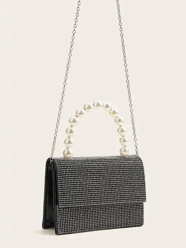 CM-BGS731057 Women Elegant Rhinestone Decor Clutch Bag With Faux Pearl Handle - Black