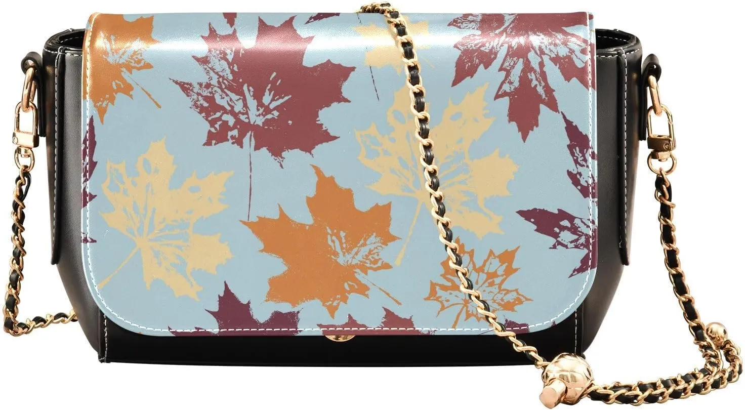 Colored Maple Leaves on Blue Background Crossbody Bags for Women, Trendy Small Shoulder Bag, PU Leather Clutch Purse Underarm Handbag Satchel HandBag with Adjustable Metal Chain