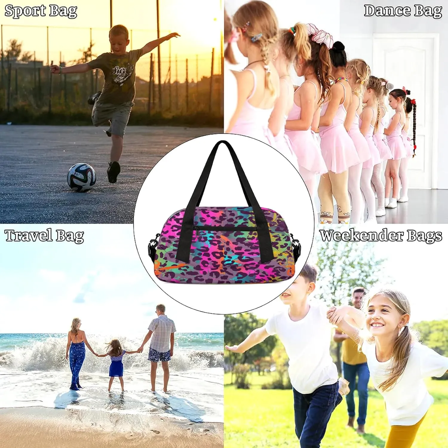 Colorful Animal Print Kids Duffel Bag Lightweight Waterproof Sports Gym Bag with Front Zipper Pocket Foldable Weekender Overnight Bag for School Practice Gymnastic Ballet