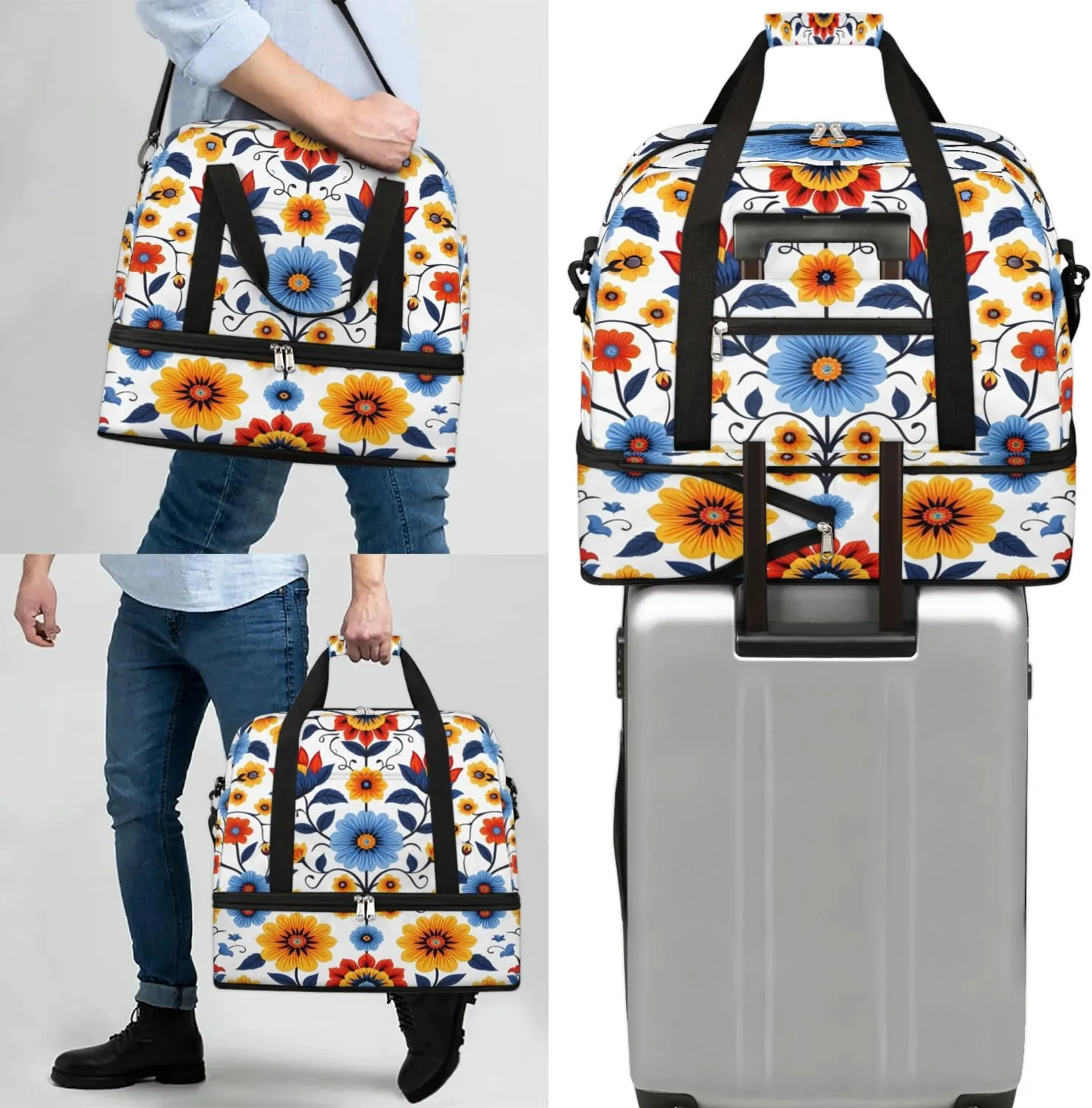 Colorful Pattern Flora Retro Travel Duffle Bag, Collapsible Travel Bag Sports Gym Bag With Shoes Compartment Weekender Bag Overnight Bag For Women Men