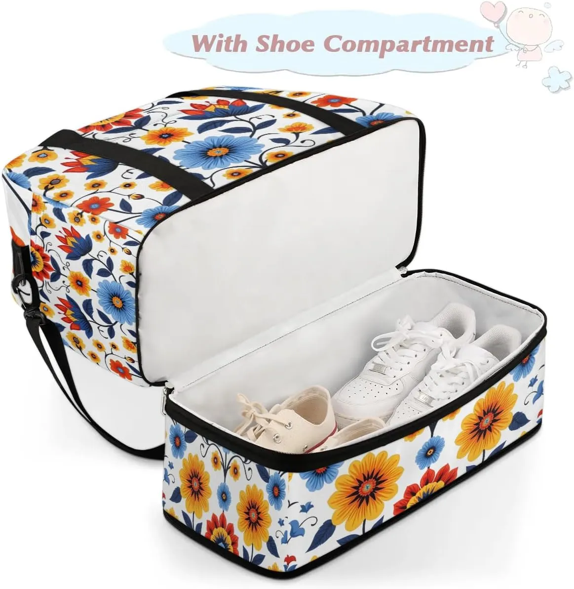 Colorful Pattern Flora Retro Travel Duffle Bag, Collapsible Travel Bag Sports Gym Bag With Shoes Compartment Weekender Bag Overnight Bag For Women Men