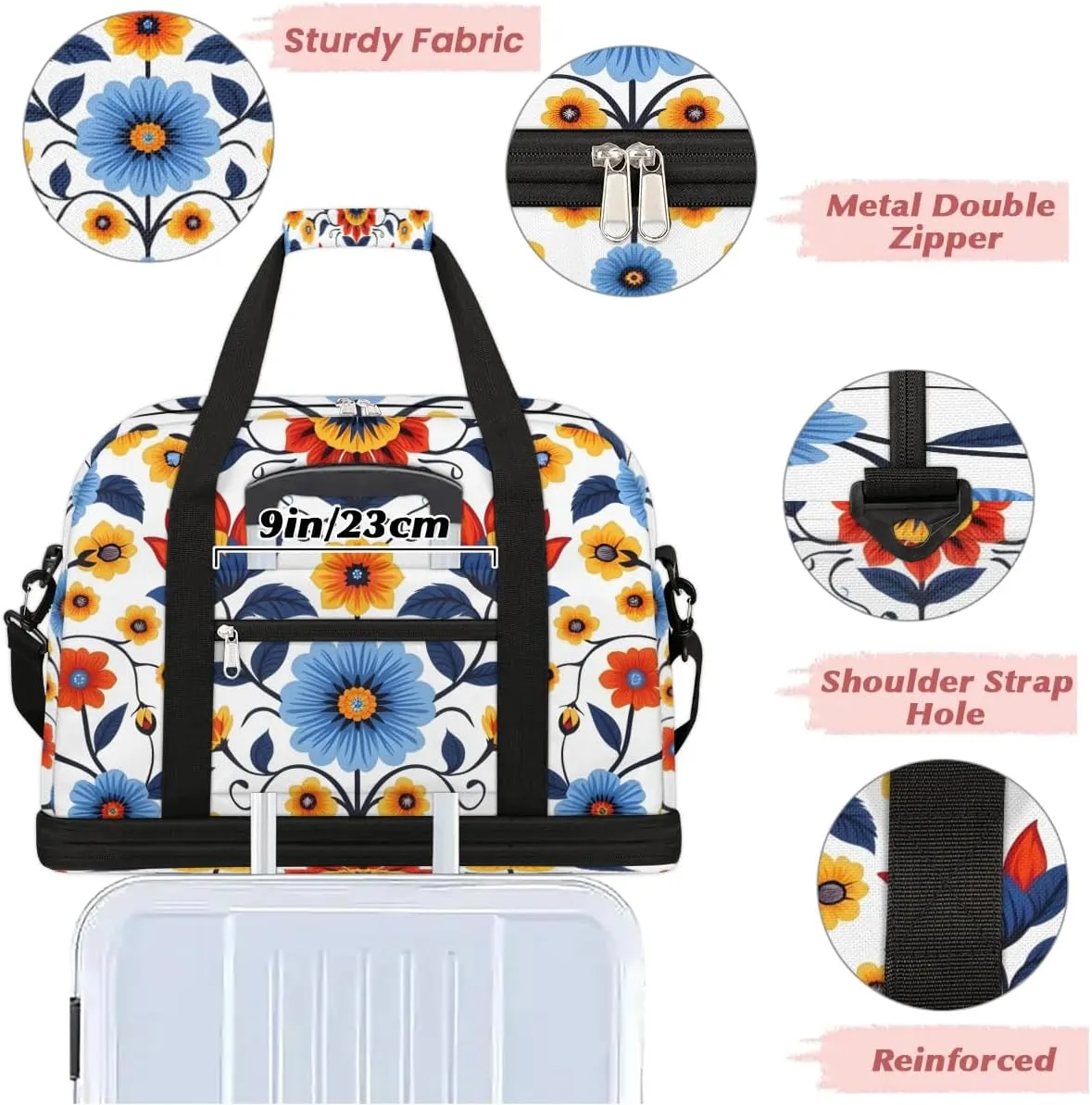 Colorful Pattern Flora Retro Travel Duffle Bag, Collapsible Travel Bag Sports Gym Bag With Shoes Compartment Weekender Bag Overnight Bag For Women Men