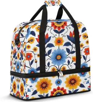 Colorful Pattern Flora Retro Travel Duffle Bag, Collapsible Travel Bag Sports Gym Bag With Shoes Compartment Weekender Bag Overnight Bag For Women Men