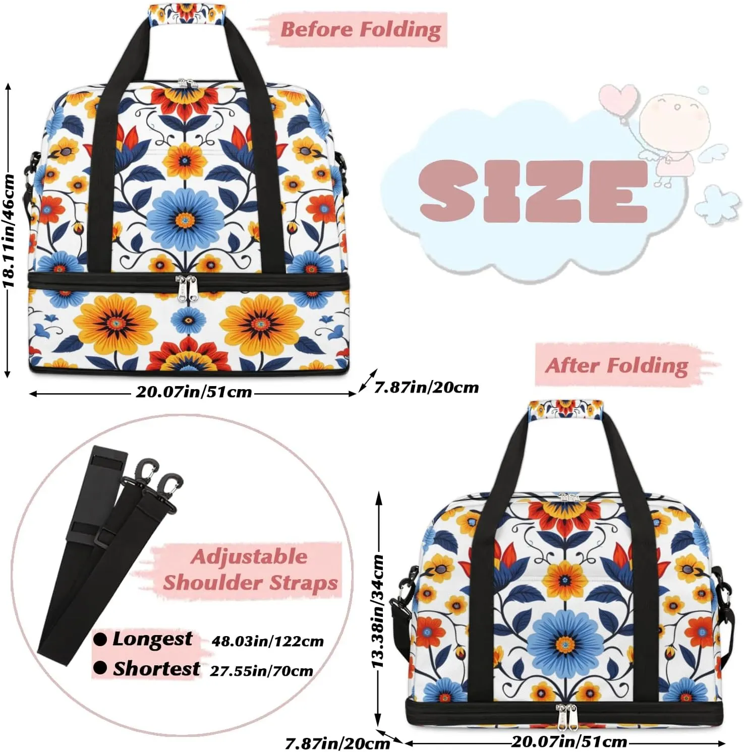 Colorful Pattern Flora Retro Travel Duffle Bag, Collapsible Travel Bag Sports Gym Bag With Shoes Compartment Weekender Bag Overnight Bag For Women Men