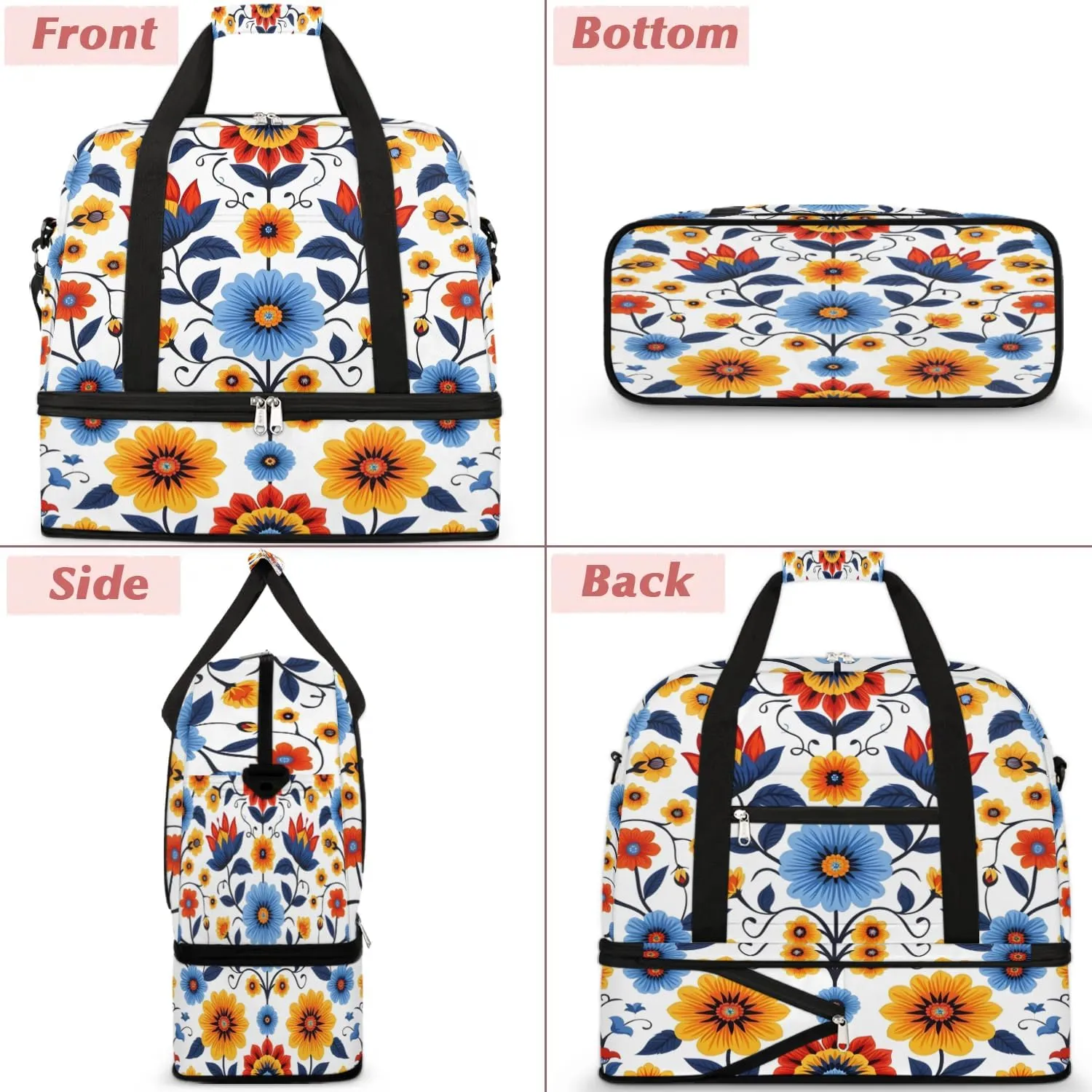 Colorful Pattern Flora Retro Travel Duffle Bag, Collapsible Travel Bag Sports Gym Bag With Shoes Compartment Weekender Bag Overnight Bag For Women Men