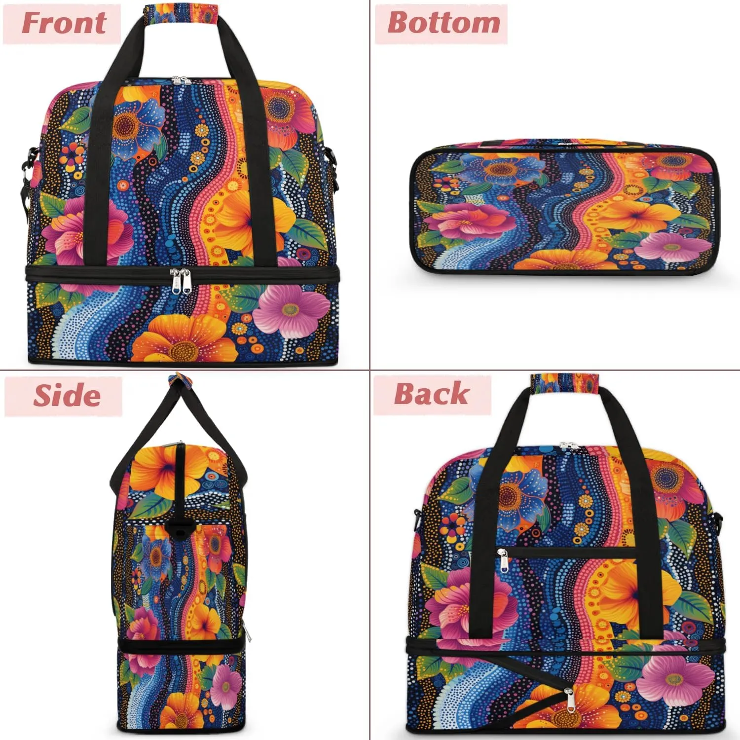 Colorful Patterns Retro Flower Travel Duffle Bag, Collapsible Travel Bag Sports Gym Bag With Shoes Compartment Weekender Bag Overnight Bag For Women Men