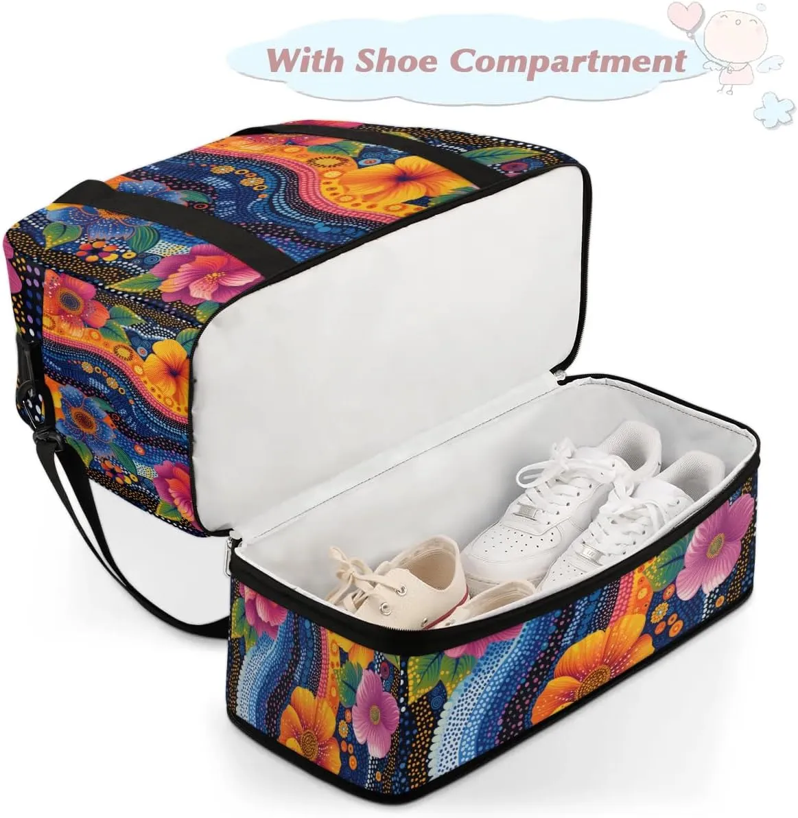 Colorful Patterns Retro Flower Travel Duffle Bag, Collapsible Travel Bag Sports Gym Bag With Shoes Compartment Weekender Bag Overnight Bag For Women Men